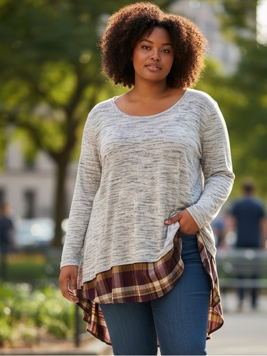 Maurices Tops - Maurices Gray Heathered Long-Sleeve Tunic with Plaid Hem